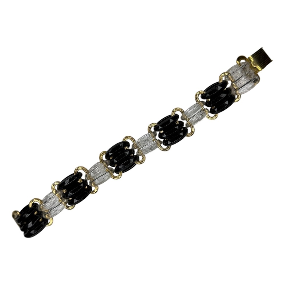 Vintage Bracelet Lucite 8 Inch Black Clear Gold Tone Faceted Geometric Link